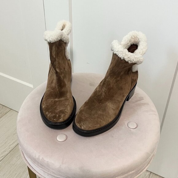 Sigerson Morrison Brown Suede & Sherpa Ankle Booties Size 38 - Picture 1 of 7